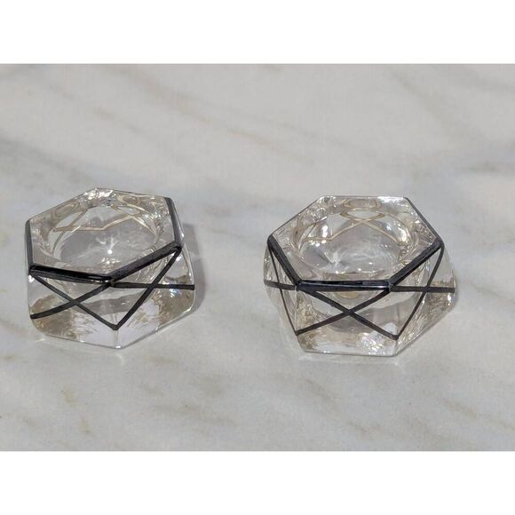 Fostoria Glass Vintage Crystal (2) Open Salt With Silver Criss Cross Design 1915 - Picture 3 of 6